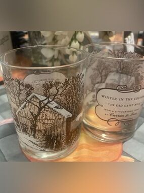 currier and ives glass The Old Homestead In Winter 4” Set Of 2
